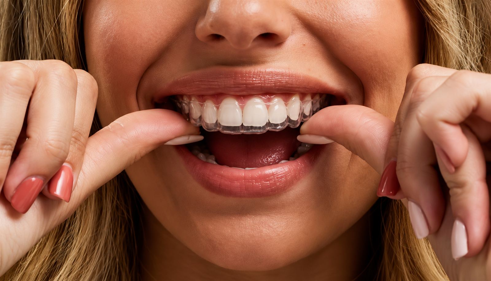 Primer plano de un alineador transparente colocado sobre los dientes