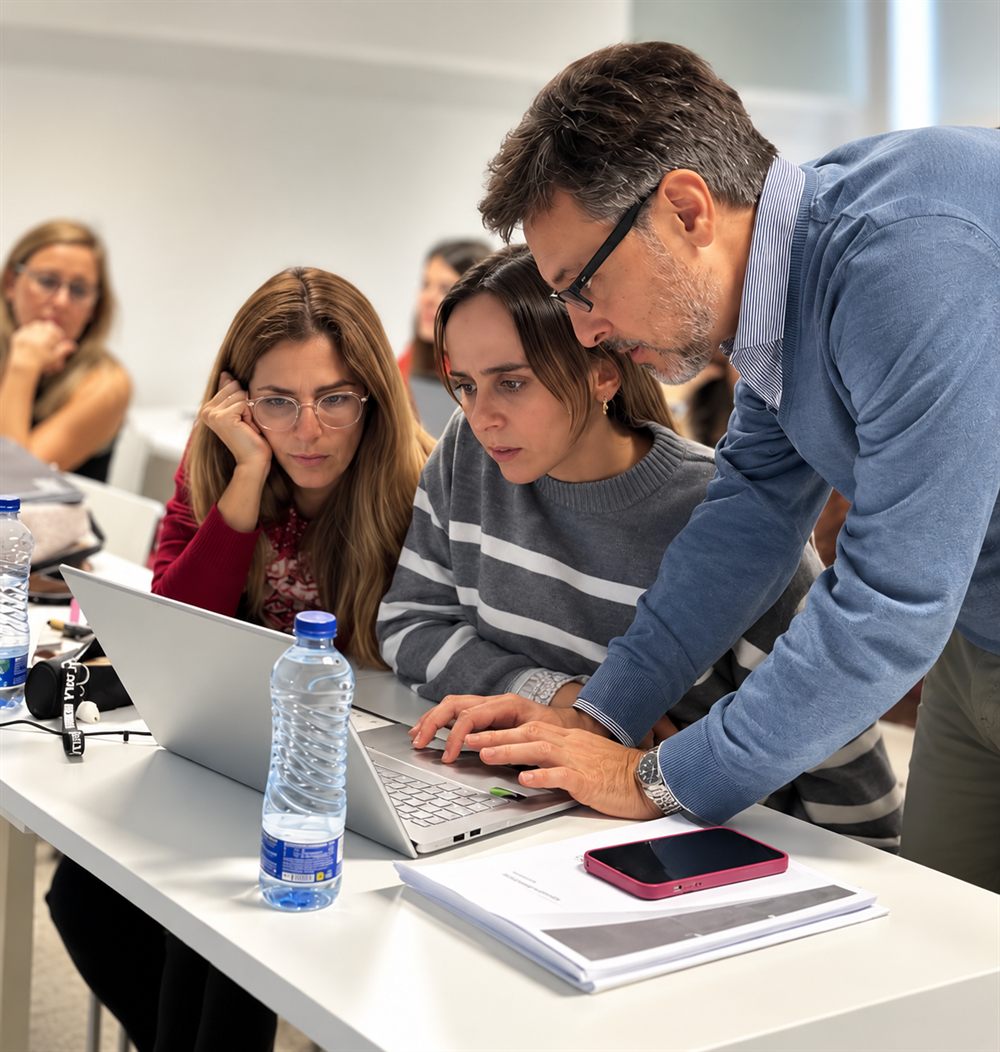 Docente de Orthoalign guiando a dos profesionales frente a una laptop durante una formación